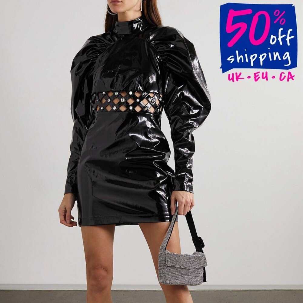 ROTATE Birger Christensen Black Coated Cut-Out Mini Dress – Size US 12 / EU 42
